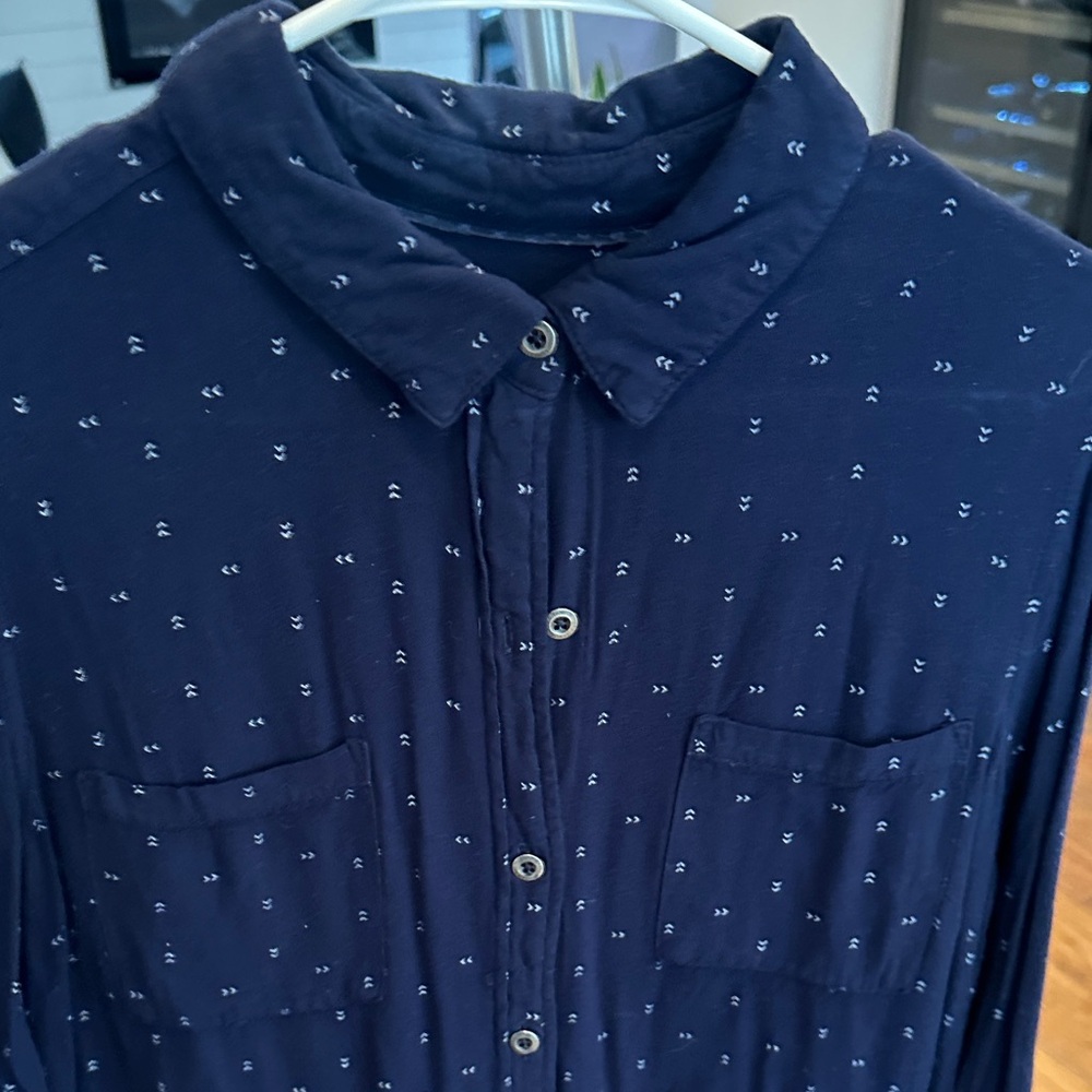 Navy Button-Up Shirt Dress with Subtle Print